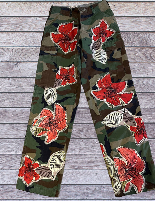 "Tropic" Vintage reworked camo pants with floral appliques