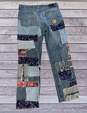 "Meadows" Vintage Levi's with distressed floral patchwork