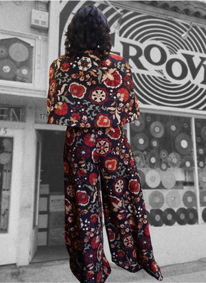 "Full Tilt Boogie" One of a kind Palazzo halter jumpsuit with matching cape