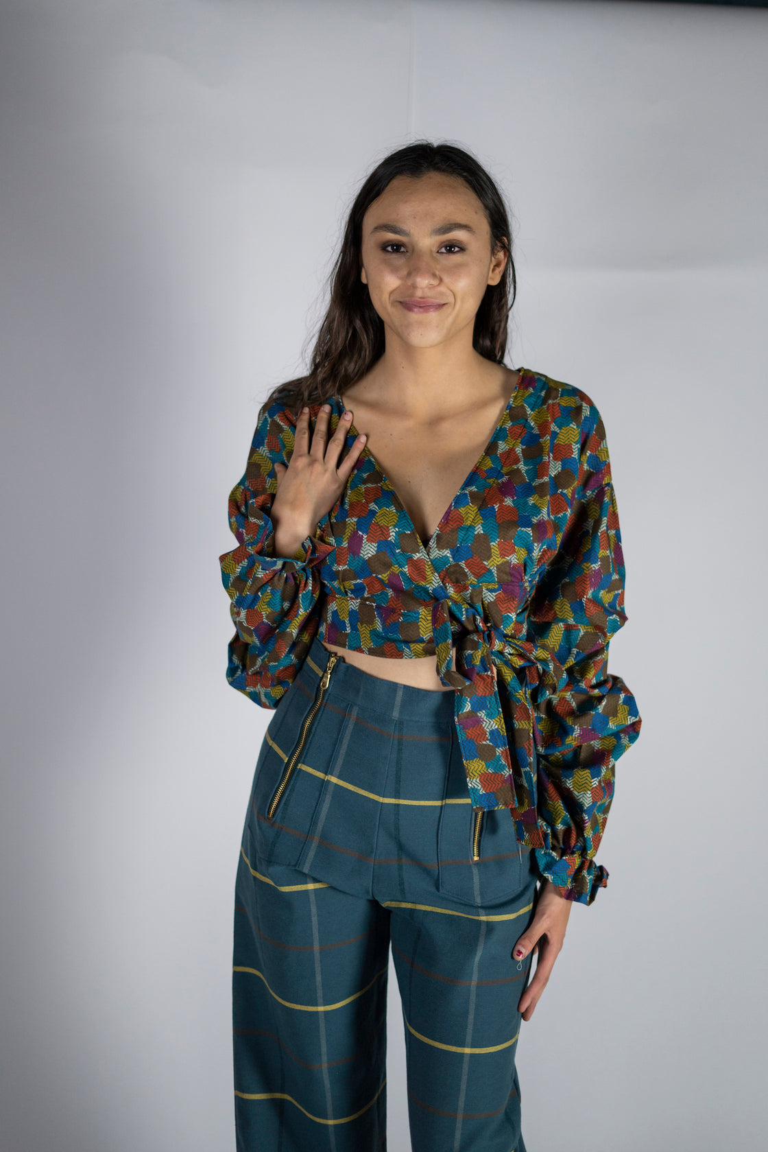 "West Side" Wrap crop top with ruched sleeves