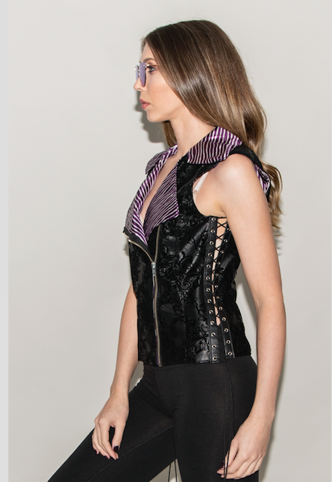 FSLA "Wild One" Flocked Vegan One of a Kind Leather Moto Vest