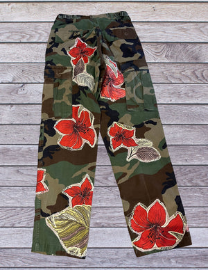 "Tropic" Vintage reworked camo pants with floral appliques