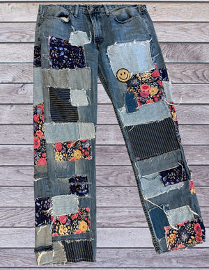 "Meadows" Vintage Levi's with distressed floral patchwork