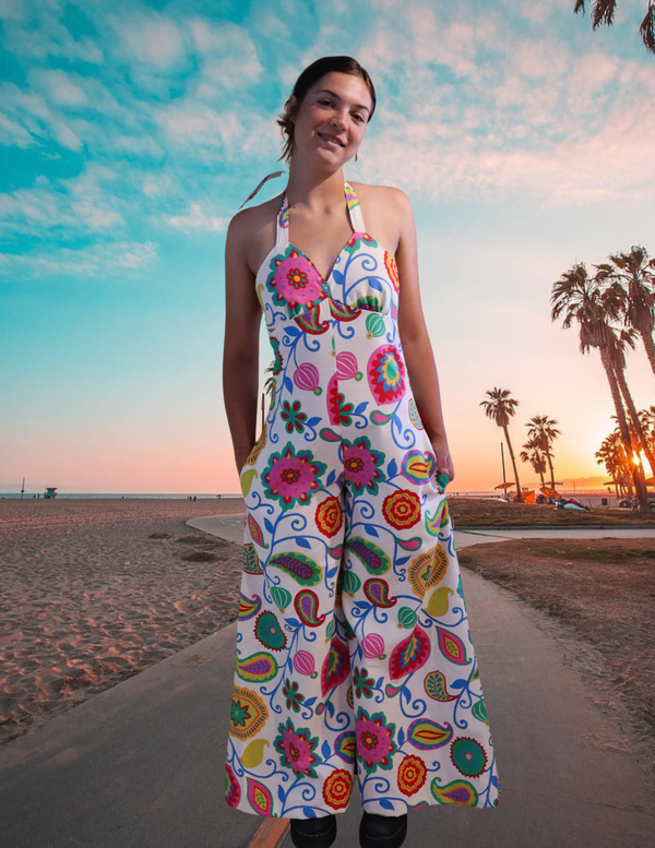 "Summer Flowers" One of a kind Palazzo halter jumpsuit
