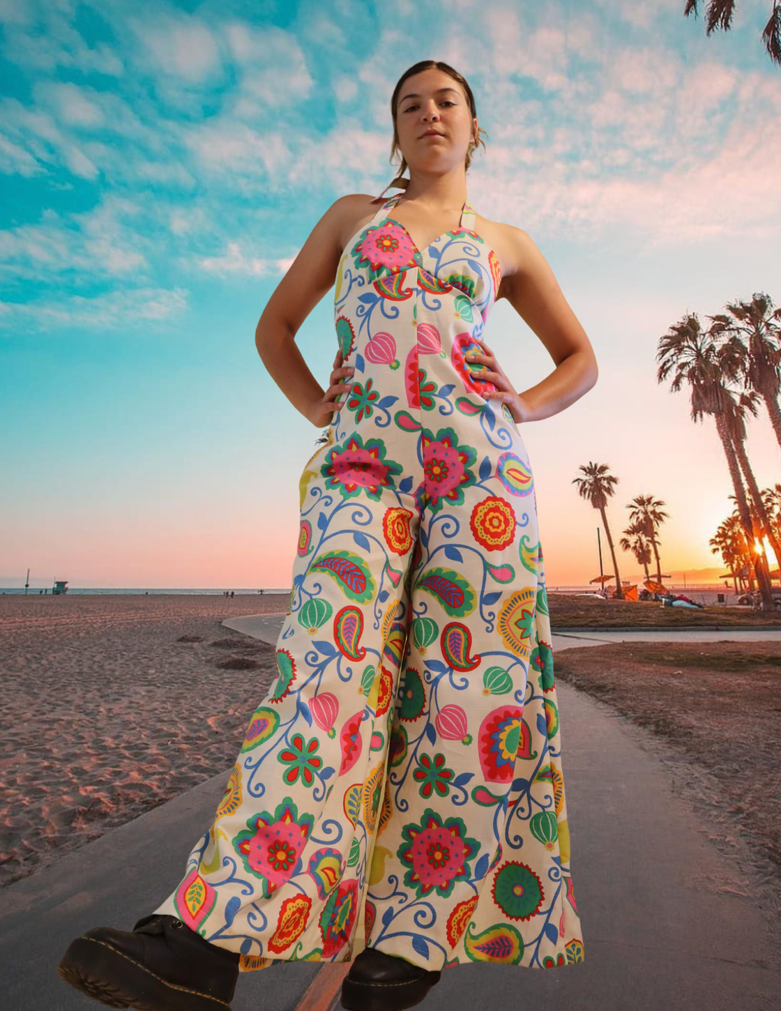 "Summer Flowers" One of a kind Palazzo halter jumpsuit