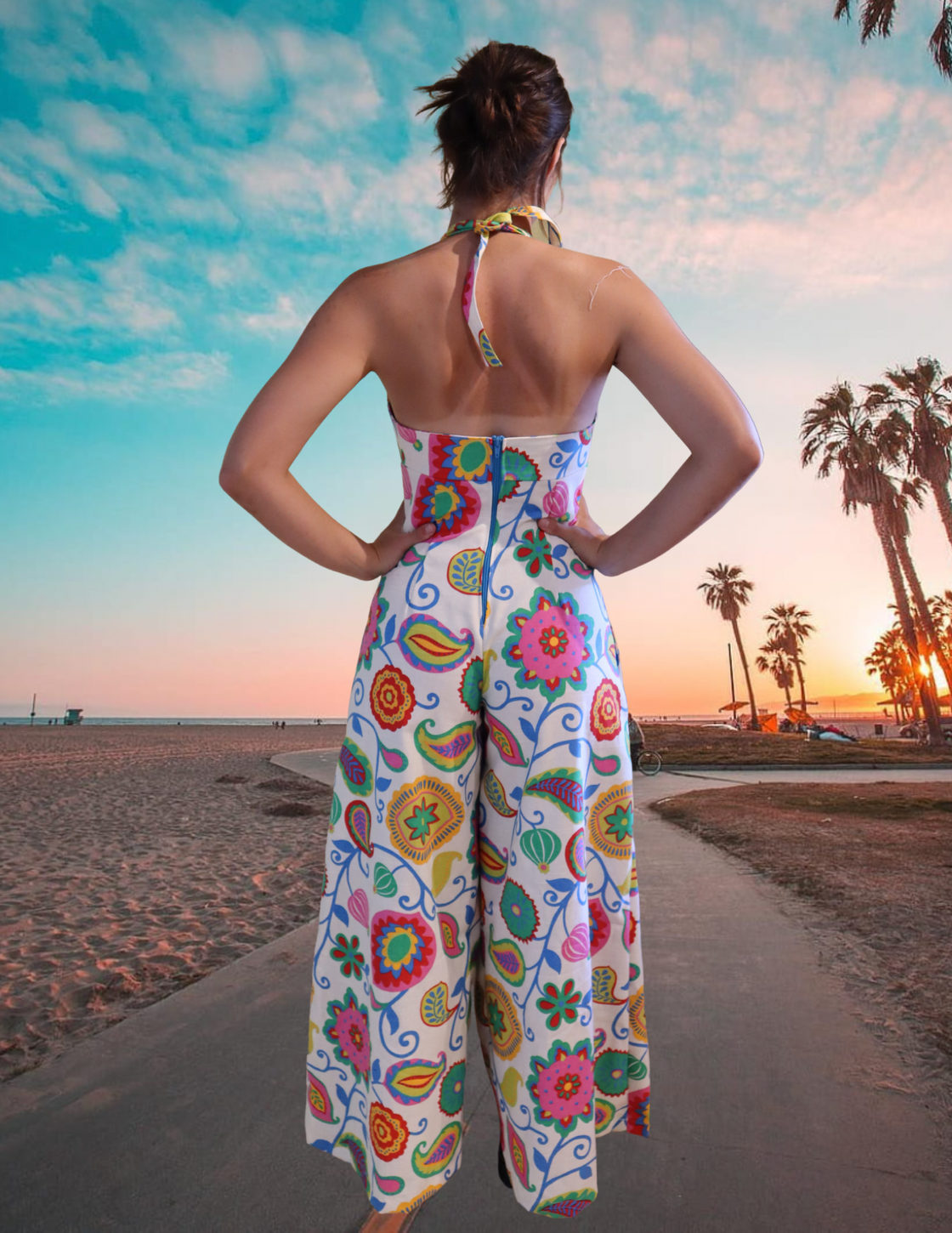 "Summer Flowers" One of a kind Palazzo halter jumpsuit