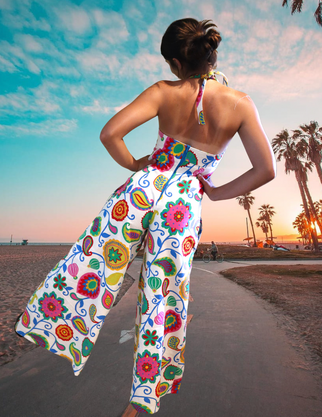 "Summer Flowers" One of a kind Palazzo halter jumpsuit