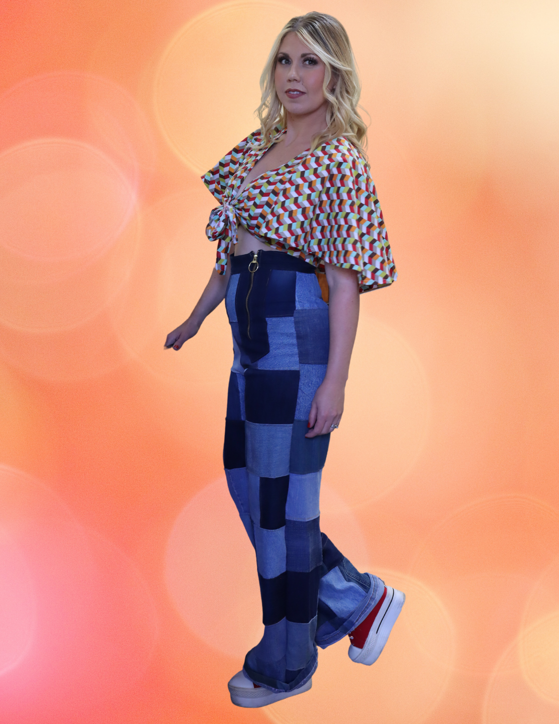 "Window Pane" High Waisted Denim Patchwork Pants