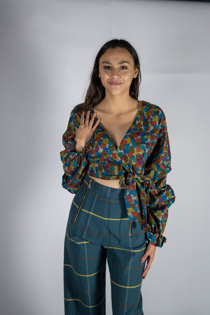 "West Side" Wrap crop top with ruched sleeves