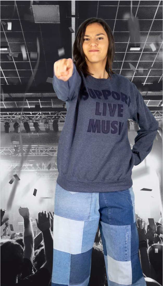 "Support Live Music" Crewneck Fleece top with felt lettering