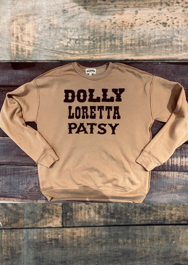 "Dolly * Loretta * Patsy" Sweatshirt with felt lettering