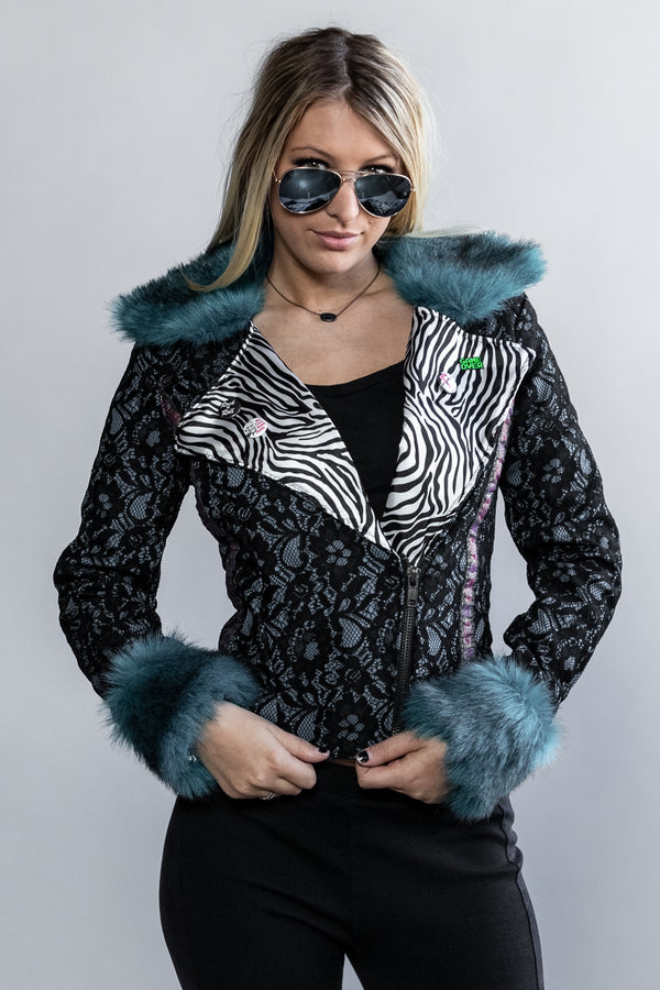 Forgotten Saints LA "Night at the Opera" Lace Motorcyle Jacket with Faux Fur Collar
